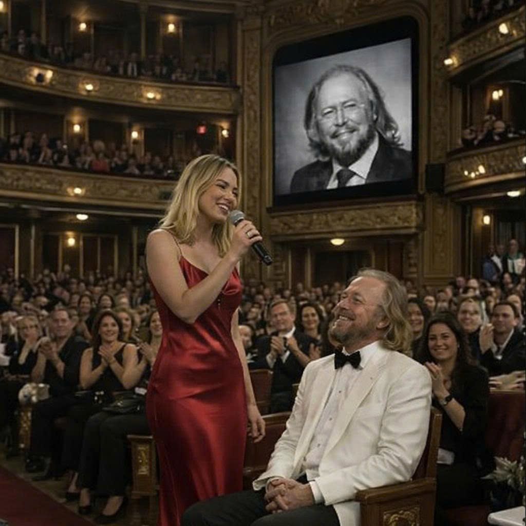 Last night, Barry Gibb didn’t stand like a Bee Gee crowned by falsettos and stadium-sized choruses behind him. At his age, he stood quietly. Grounded. Like a father. When Alexandra Gibb stepped forward — not as a name from a famous bloodline, not as a symbol of pop history — but as his daughter, entering a shared creative space, the air softened. No spectacle. No legacy branding. No grand announcement. Just a familiar melody unfolding slowly, carried by a voice shaped in a home where songs weren’t hits yet — they were bedtime sounds, unfinished verses, and long nights waiting for Dad to return from the road. As the notes lingered, Barry lowered his gaze, eyes closing for a moment. Not performing. Just receiving. In that instant, there were no charts, no brother harmonies echoing from the past, no world tours to remember. Only a man hearing his life reflected back — through the voice of the daughter who grew up inside the music, who knows these songs not as history… …but as family.